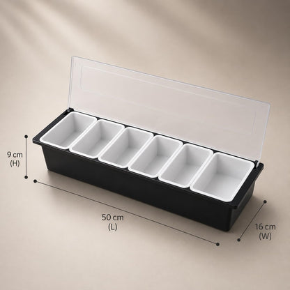 GURUBHAI EQUIPMENTS Commercial Food Condiment Dispenser – 6 GN Pan Salad Bar Station with Transparent Lid | Topping & Sauce Organizer for Restaurants, Cafés & Catering | Garnish Box
