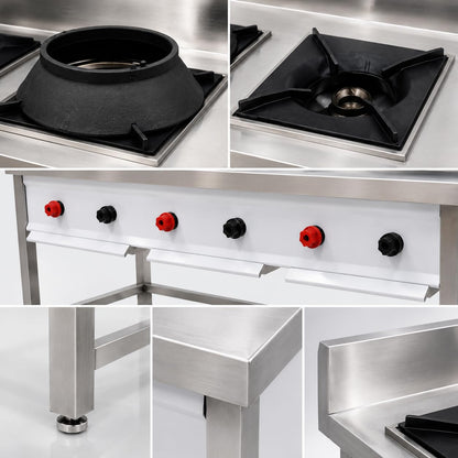 Gurubhai Equipments 3 Burner Commercial Gas Stove with 2 Chinese Burners & 1 Single Burner Stainless Steel Heavy Duty Cooking Range for Hotel Restaurant Catering Kitchen