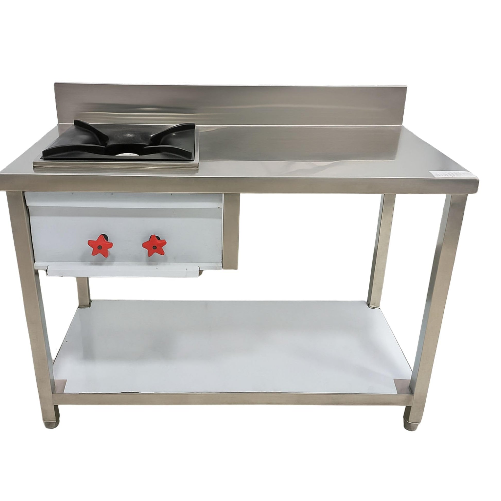 GURUBHAI EQUIPMENTS Stainless Steel Commercial Gas Burner Table – Single Burner Cooking Range with Worktop, Backsplash & Under Shelf | Heavy-Duty Cooking Station for Hotel, Restaurant