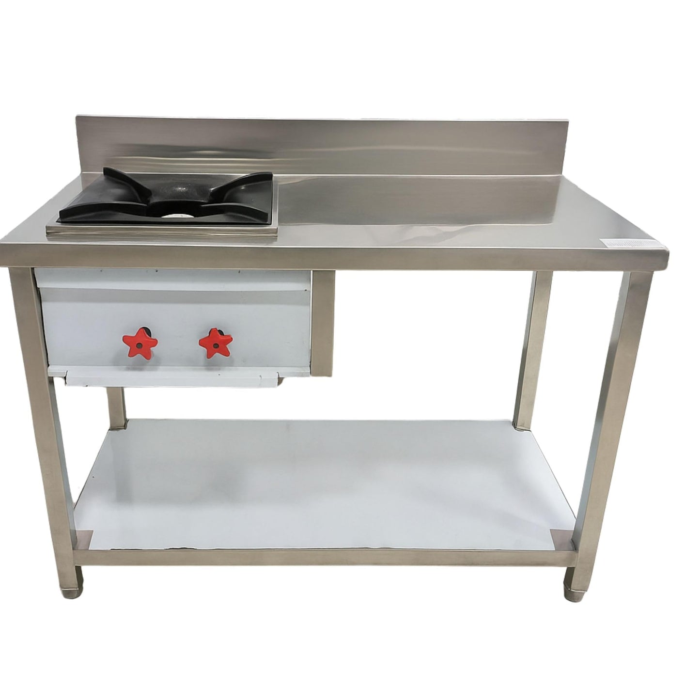 GURUBHAI EQUIPMENTS Stainless Steel Commercial Gas Burner Table – Single Burner Cooking Range with Worktop, Backsplash & Under Shelf | Heavy-Duty Cooking Station for Hotel, Restaurant