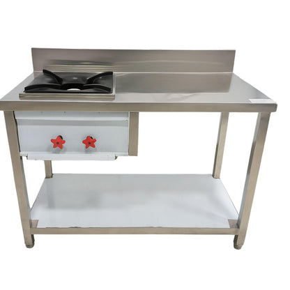 GURUBHAI EQUIPMENTS Stainless Steel Commercial Gas Burner Table – Single Burner Cooking Range with Worktop, Backsplash & Under Shelf | Heavy-Duty Cooking Station for Hotel, Restaurant