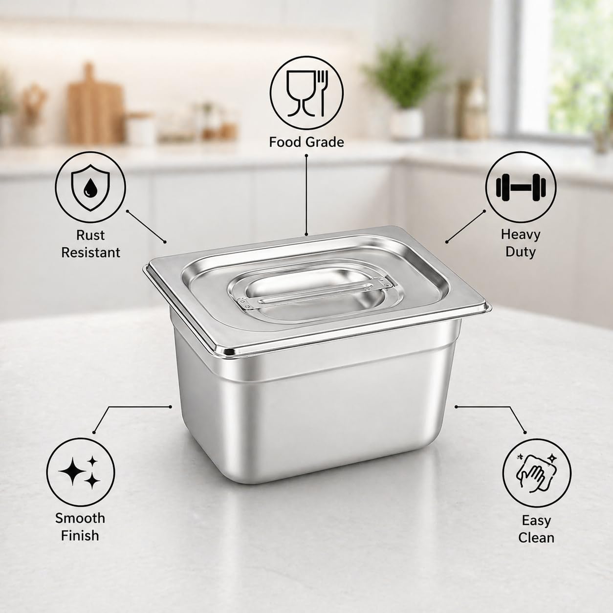 GURUBHAI EQUIPMENTS Gn Pan Food Container 1/2 100mm (4" Deep) Stainless Steel Gastronorm Pan with Lid-(Set of 1) – Easy-to-Clean Food Storage Solution for Commercial Kitchens, Catering use