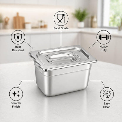 GURUBHAI EQUIPMENTS Gn Pan Food Container 1/2 100mm (4" Deep) Stainless Steel Gastronorm Pan with Lid-(Set of 1) – Easy-to-Clean Food Storage Solution for Commercial Kitchens, Catering use