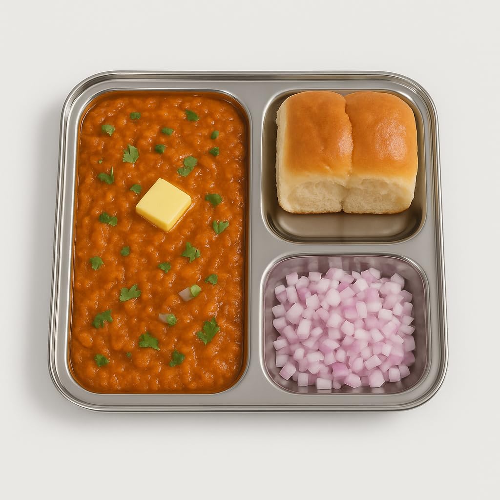 GURUBHAI EQUIPMENTS Stainless Steel Pav Bhaji Plates – Set of 6 | 3-in-1 Compartment Plate for Snacks, Chutney & Pav Bhaji | Durable, Rust-Free & Easy to Clean – Ideal for Home & Restaurant Use