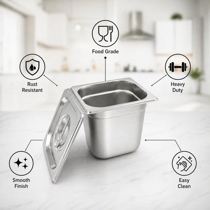 GURUBHAI EQUIPMENTS Gn Pan Food Container 1/2 100mm (4" Deep) Stainless Steel Gastronorm Pan with Lid-(Set of 1) – Easy-to-Clean Food Storage Solution for Commercial Kitchens, Catering use