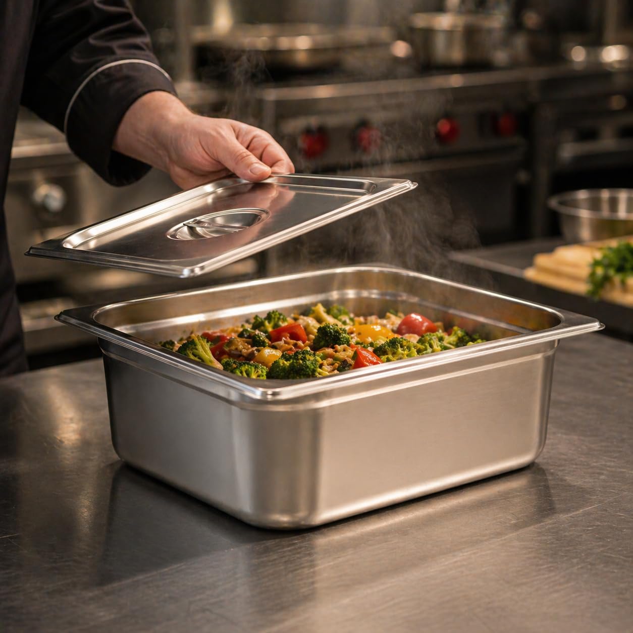 GURUBHAI EQUIPMENTS GN Pan Food Container 1/2 150 mm with lid Stainless Steel Gastronorm Pan with Lid, Easy-to-Clean Food Storage Solution for Commercial Kitchens & Catering Use