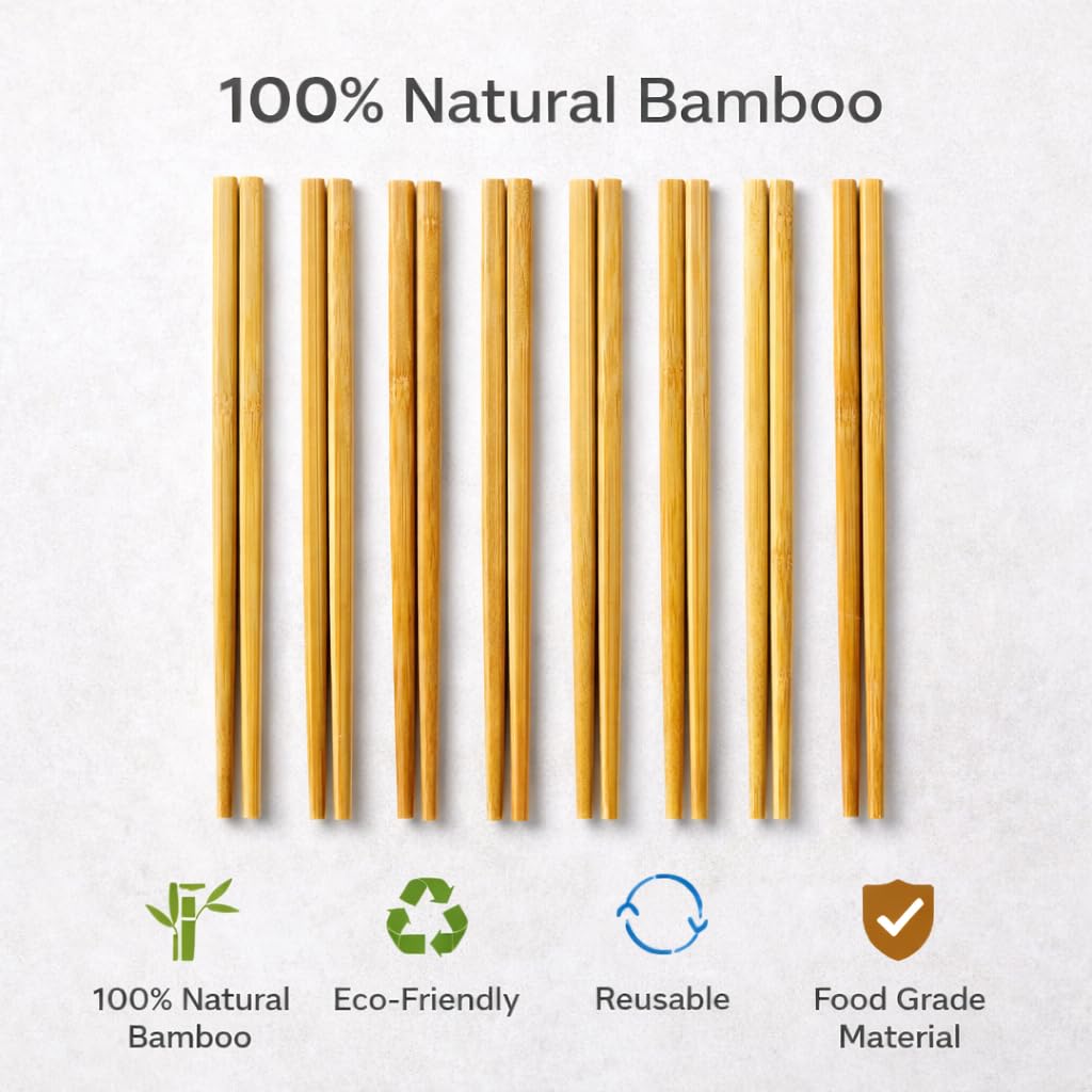 Gurubhai Equipments Bamboo Chopsticks | Natural Wooden Reusable Asian Dining Utensils for Noodles, Sushi, Rice & Chinese Food 20 pc