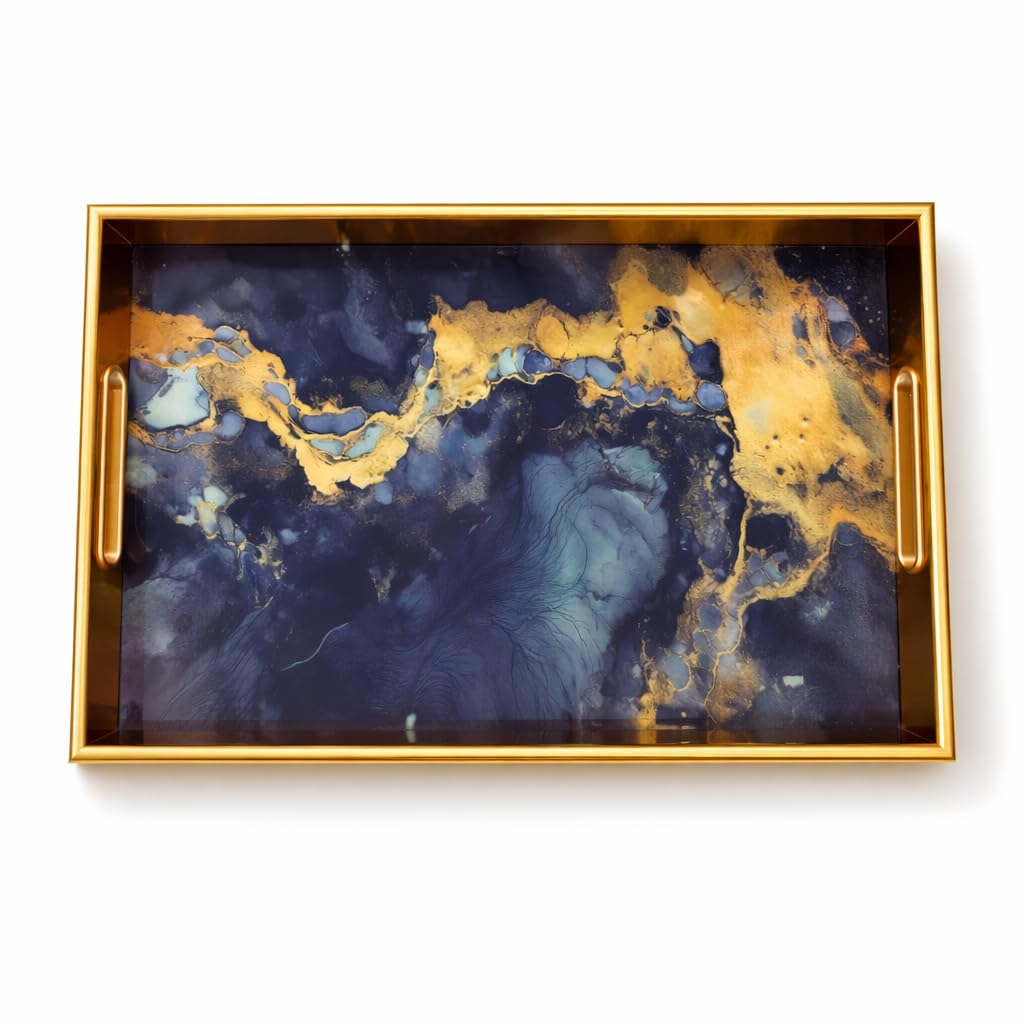 Gurubhai Equipments Luxury Serving Tray Set of 2 with Handles | Gold Metal Frame Abstract Blue Marble Design | Premium Decorative Trays for Dining, Home Décor, Gifting & Hotels