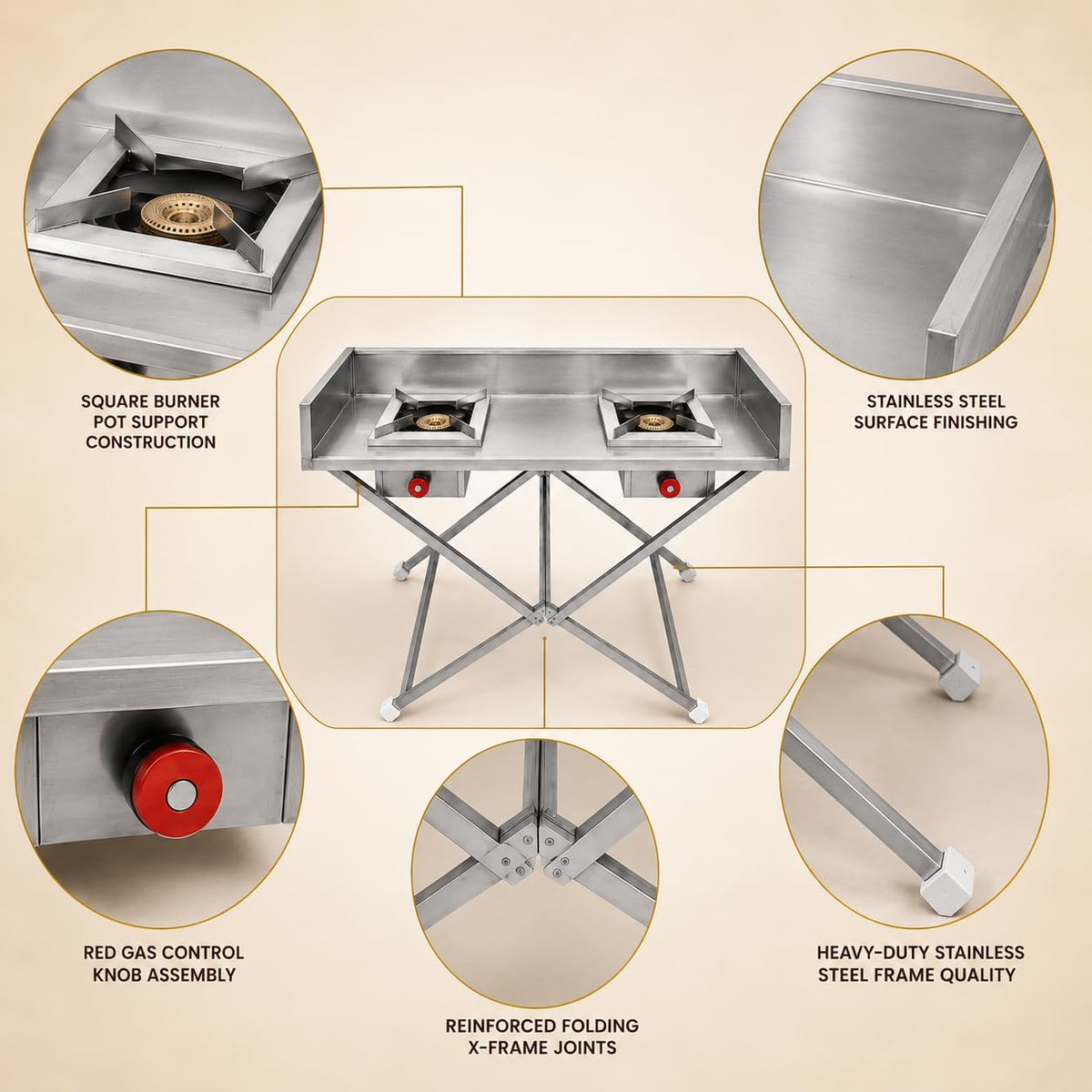 Folding Double Burner SS Gas Stove – 45 × 24 × 32 in - product view 4