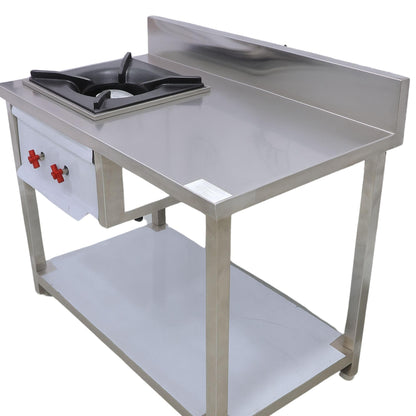 GURUBHAI EQUIPMENTS Stainless Steel Commercial Gas Burner Table – Single Burner Cooking Range with Worktop, Backsplash & Under Shelf | Heavy-Duty Cooking Station for Hotel, Restaurant