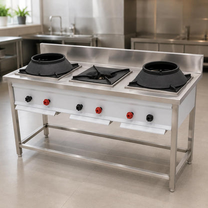 Gurubhai Equipments Stainless Steel Commercial Single Burner Gas Stove Table with Worktop Backsplash & Under Shelf for Hotel Restaurant Kitchen
