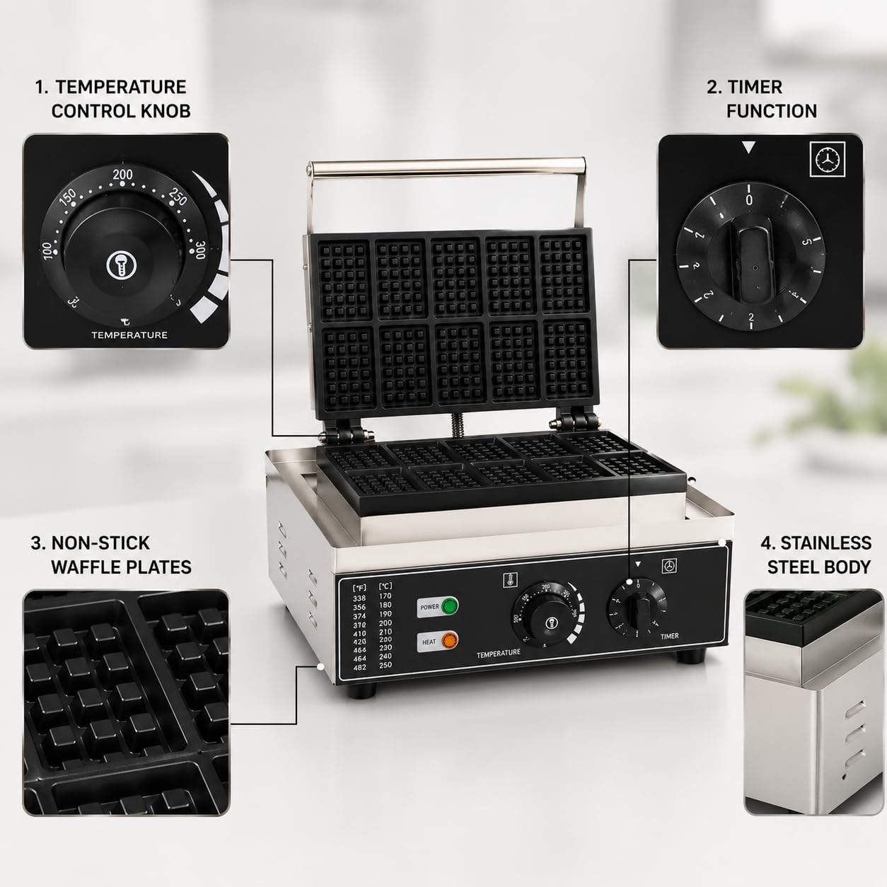 Gurubhai Equipments Commercial Waffle Maker Machine, Electric Belgian Waffle Baker, Professional Waffle Machine for Cafe Bakery Restaurant Food Stall