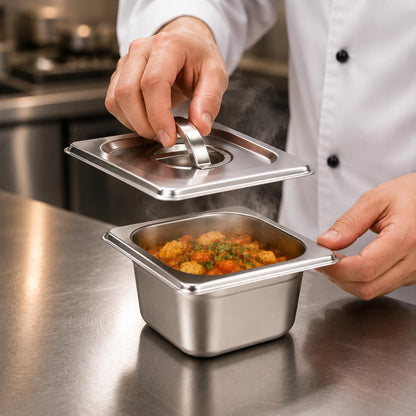 GURUBHAI EQUIPMENTS GN Pan Food Container 1/6 100mm (4" Deep) Stainless Steel Gastronorm Pan with Lid (Set of 1), Easy-to-Clean Food Storage Solution for Commercial Kitchens & Catering Use