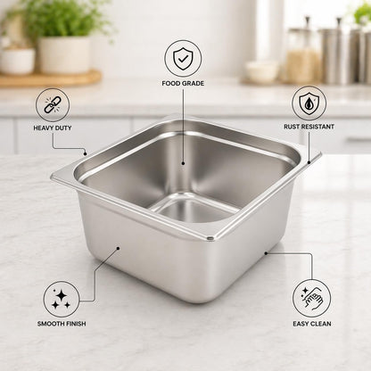GURUBHAI EQUIPMENTS GN Pan Food Container 1/2 150 mm Stainless Steel Gastronorm Pan, Easy-to-Clean Food Storage Solution for Commercial Kitchens & Catering Use
