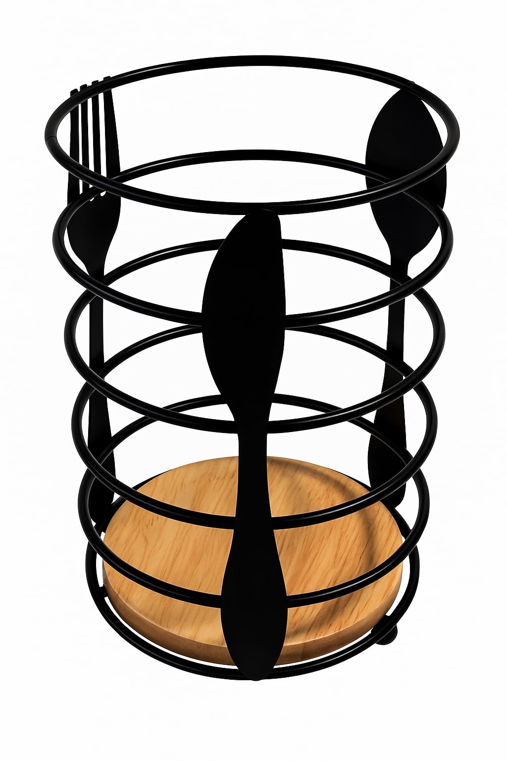 GURUBHAI EQUIPMENTS Round Cutlery Holder with Wooden Base – Black Metal Utensil Stand for Dining Table | Spoon Fork Knife Organizer for Kitchen, Home, Café & Restaurant Use