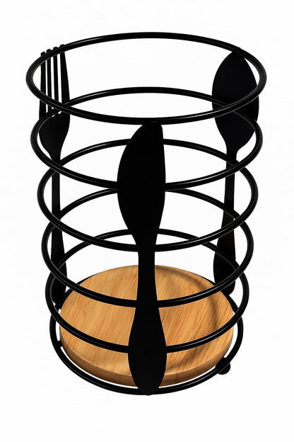 GURUBHAI EQUIPMENTS Round Cutlery Holder with Wooden Base – Black Metal Utensil Stand for Dining Table | Spoon Fork Knife Organizer for Kitchen, Home, Café & Restaurant Use