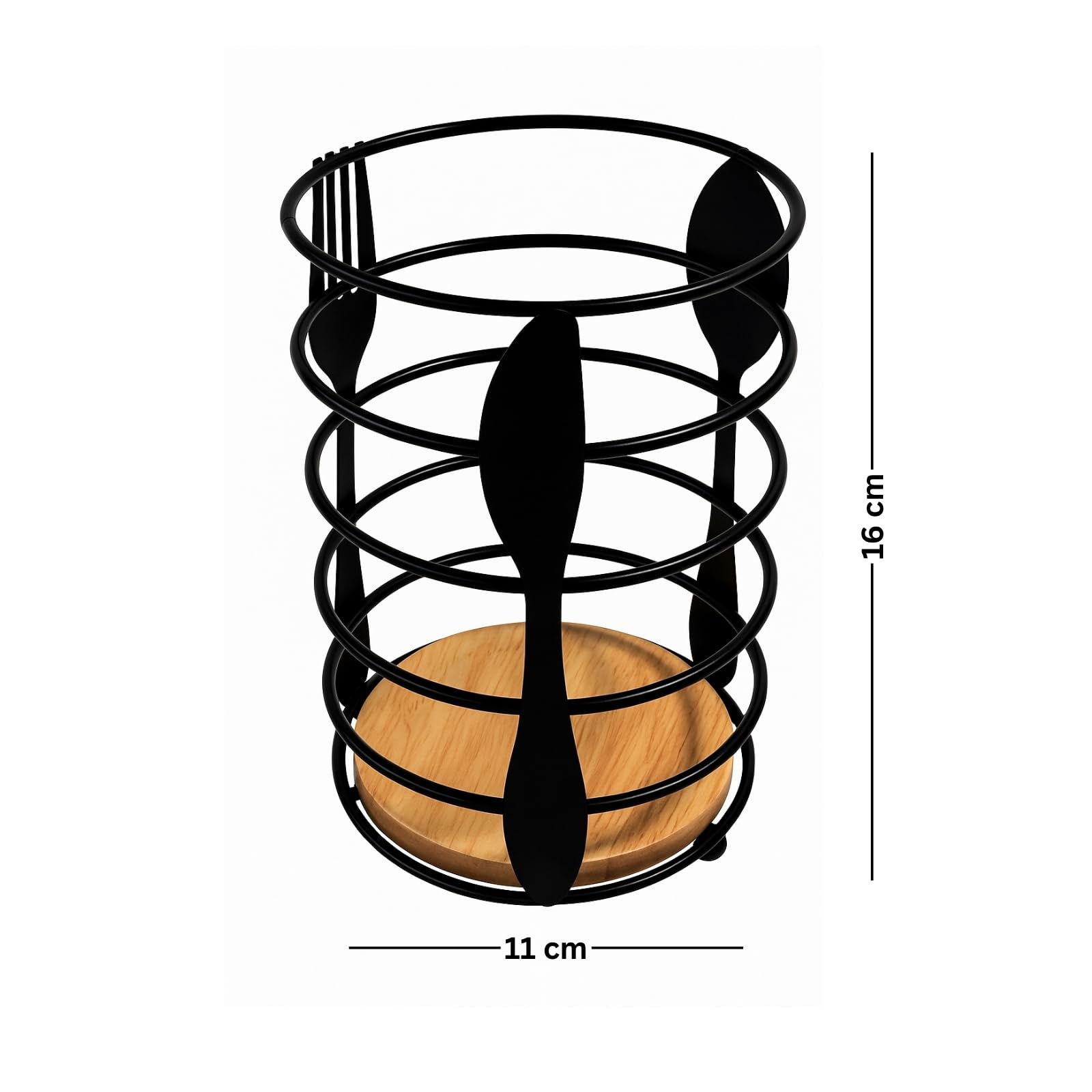 GURUBHAI EQUIPMENTS Round Cutlery Holder with Wooden Base – Black Metal Utensil Stand for Dining Table | Spoon Fork Knife Organizer for Kitchen, Home, Café & Restaurant Use