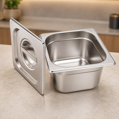 GURUBHAI EQUIPMENTS GN Pan Food Container 1/6 100mm (4" Deep) Stainless Steel Gastronorm Pan with Lid (Set of 1), Easy-to-Clean Food Storage Solution for Commercial Kitchens & Catering Use