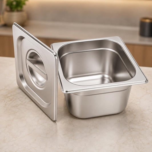 GURUBHAI EQUIPMENTS GN Pan Food Container 1/6 100mm (4" Deep) Stainless Steel Gastronorm Pan with Lid (Set of 1), Easy-to-Clean Food Storage Solution for Commercial Kitchens & Catering Use