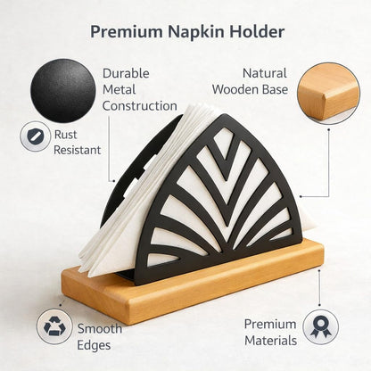 Gurubhai Equipments Metal Wire Napkin Holder with Wooden Base | Square Tabletop Tissue Paper Holder with Pressure Arm | Black Napkin Stand for Dining Table, Restaurant & Cafe