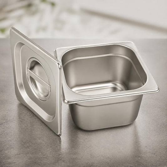 GURUBHAI EQUIPMENTS GN Pan Food Container 1/6 100 mm with lid Stainless Steel Gastronorm Pan with Lid, Easy-to-Clean Food Storage Solution for Commercial Kitchens & Catering Use