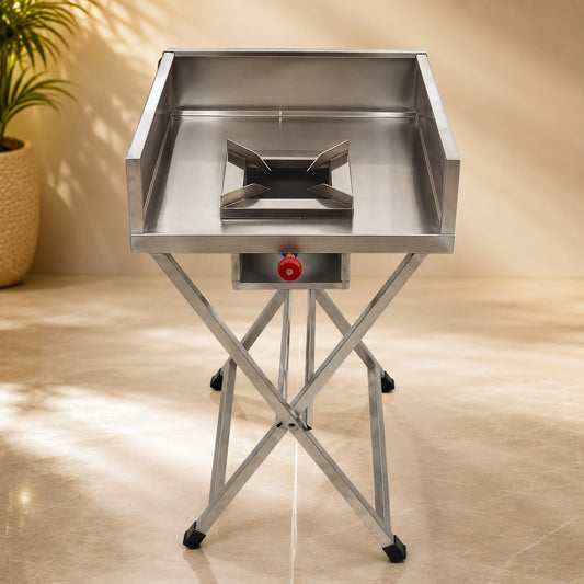 Gurubhai Equipments Stainless Steel Folding Single Burner Gas Stove – Portable Bhatti Range with Side Wall & Control Valve | Ideal for Outdoor Catering, Food Stalls & Commercial Use