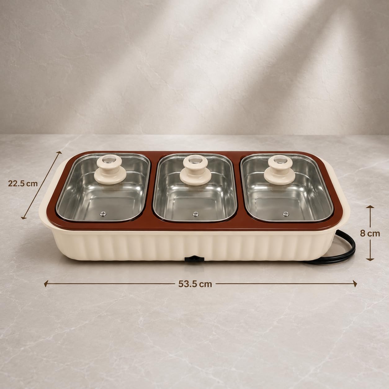 Gurubhai Equipments 3 Bowl Electrical Serving Casserole Chafing Dish,1100ml Each | Stainless Steel 3 Dish Food Buffet Server | 3 in 1 Electric Chafing Dish for Reheating Food, Beige
