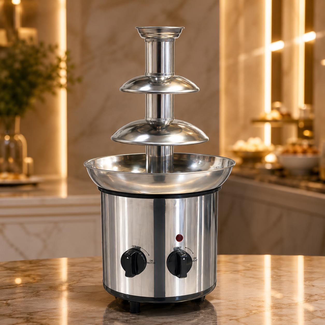 Gurubhai Equipments Electric Chocolate Fountain Machine with Stainless Steel Tower | 3-Tier Chocolate Fountain | Motor & Heating Control for Parties, Hotels, Catering & Events