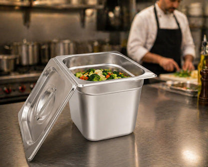 GURUBHAI EQUIPMENTS GN Pan Food Container 1/6 150 mm with lid Stainless Steel Gastronorm Pan with Lid, Easy-to-Clean Food Storage Solution for Commercial Kitchens & Catering Use