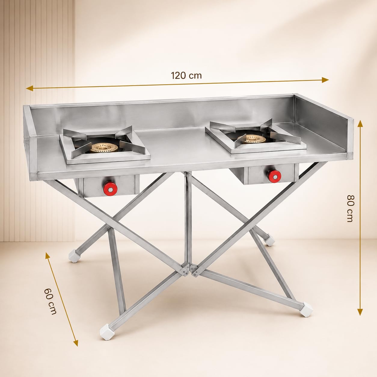 Gurubhai Equipments Stainless Steel Folding Single Burner Gas Stove – Portable Bhatti Range with Side Wall & Control Valve | Ideal for Outdoor Catering, Food Stalls & Commercial Use