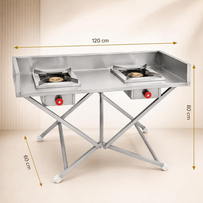 Gurubhai Equipments Stainless Steel Double Burner Folding Gas Stove – Portable Commercial Bhatti with Control Valves & Side Wall | Ideal for Outdoor Catering, Events & Street Food Stalls