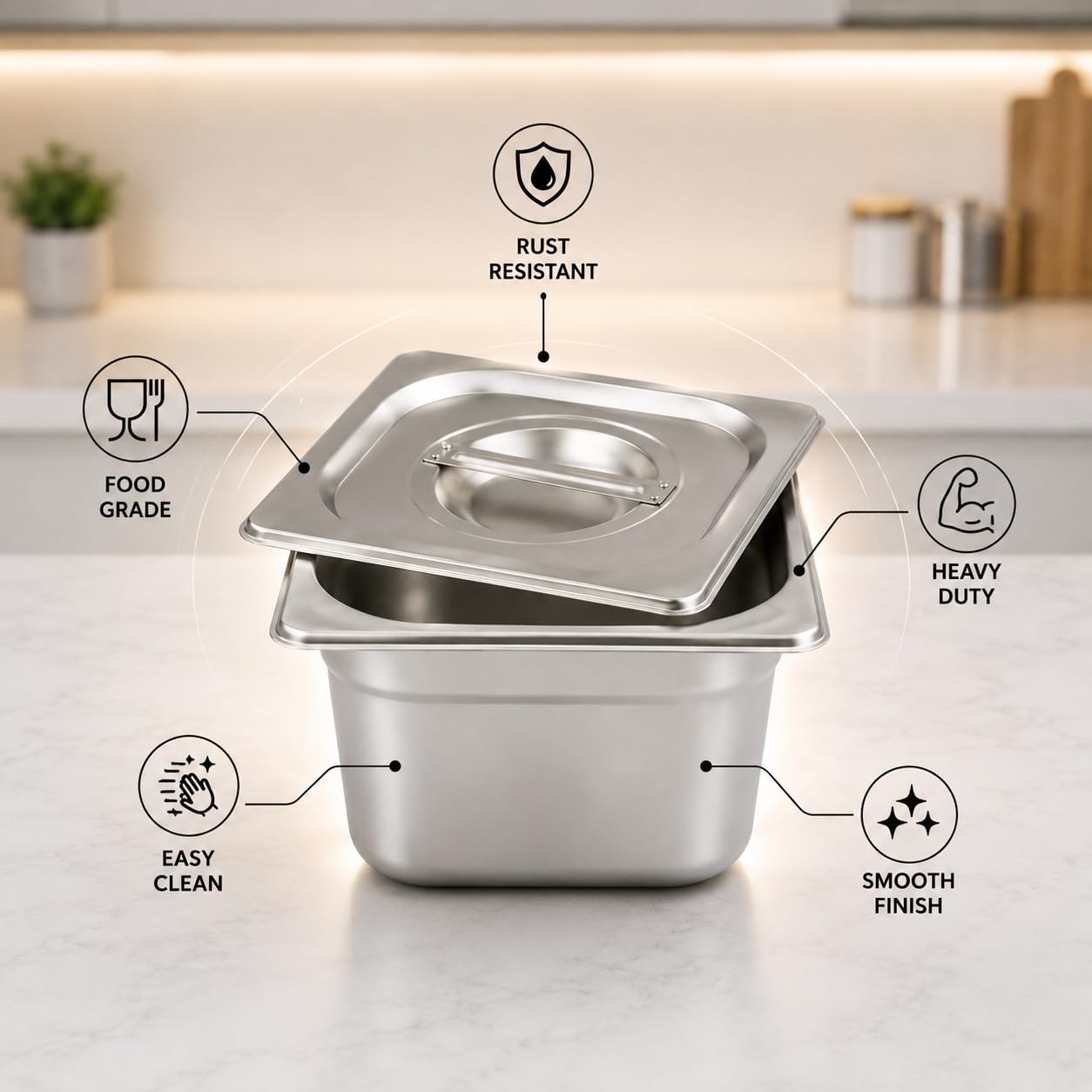 GURUBHAI EQUIPMENTS Gn Pan Food Container 1/2 100mm (4" Deep) Stainless Steel Gastronorm Pan with Lid-(Set of 1) – Easy-to-Clean Food Storage Solution for Commercial Kitchens, Catering use