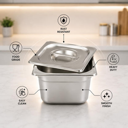 GURUBHAI EQUIPMENTS Stainless Steel 1/6 GN Pan with Lid – 100mm (4" Deep) Gastronorm Food Container | Easy-to-Clean Storage Solution for Commercial Kitchens, Restaurants & Catering (Set of 4)