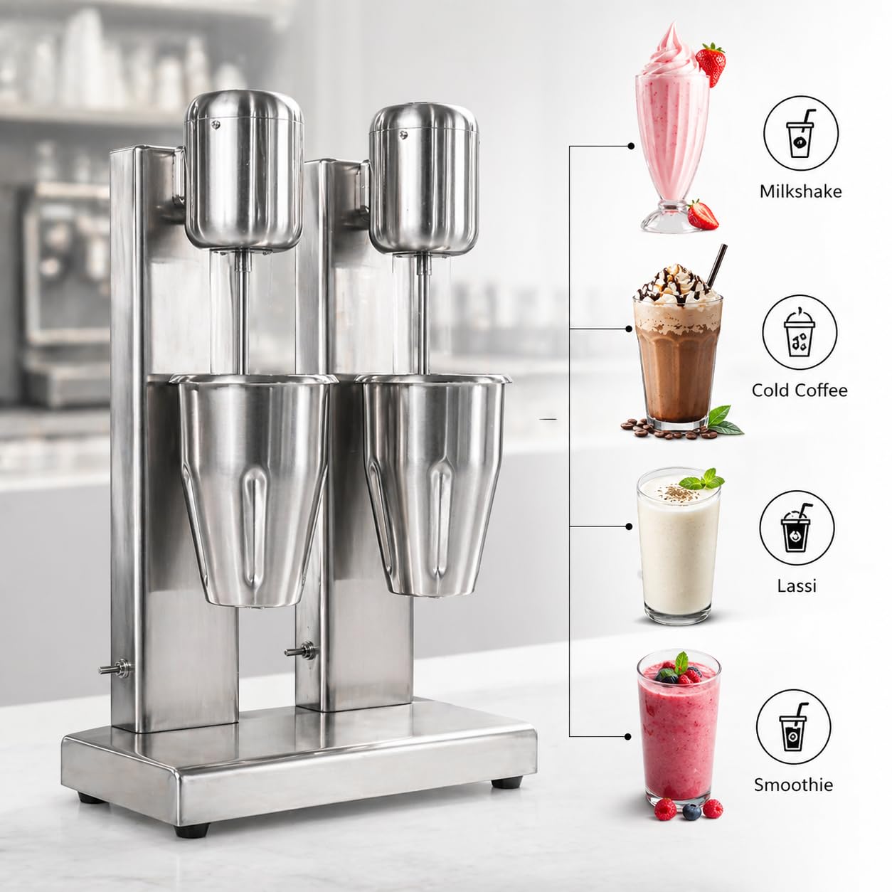 Gurubhai Equipments Commercial Milkshake Maker | Heavy-Duty Double Head Stainless Steel Mixer | 2-Speed 220V Electric Blender Machine with Mixing Cups for Milkshakes, Smoothies, and Drinks