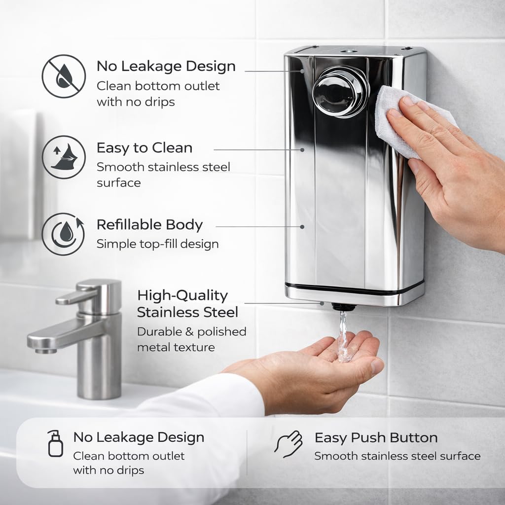 Gurubhai Equipments Stainless Steel Wall Mounted Soap Dispenser 1000 ml | Manual Liquid Soap & Sanitizer Dispenser for Bathroom, Hotel, Office, Hospital & Restaurant (1000 ml)