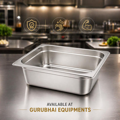 GURUBHAI EQUIPMENTS GN Pan Food Container 1/2 100 mm (4" Deep) Stainless Steel Gastronorm Pan, Easy-to-Clean Food Storage Solution for Commercial Kitchen & Catering Use