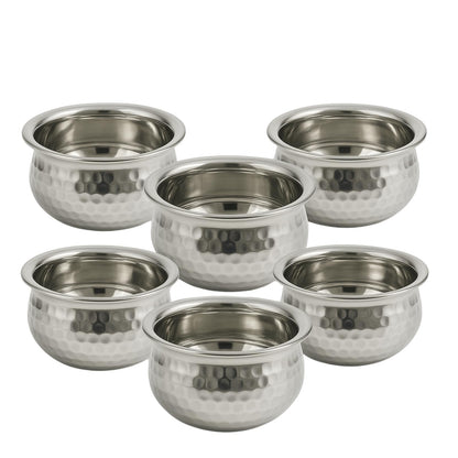 GURUBHAI EQUIPMENTS Stainless Steel Hammered Double-Layer Insulated Handi Set of 6-350ml Serving Bowls for Curry, Soup & Gravies - Premium Buffet & Restaurant Serveware