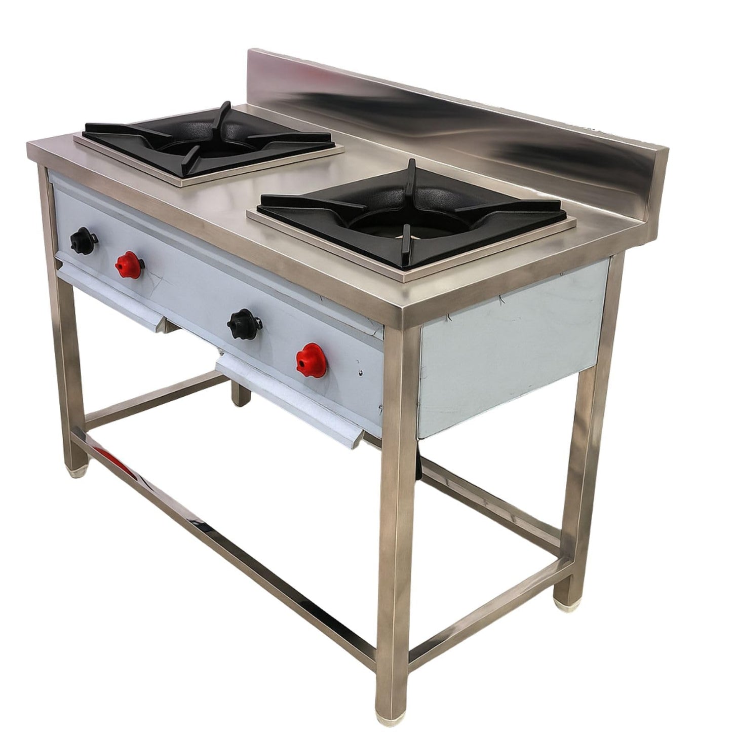 Gurubhai Equipments Commercial Stainless Steel Double Burner Gas Stove | Heavy-Duty Cooking Range with Backsplash & Control Valves for Restaurant, Hotel & Catering Kitchen