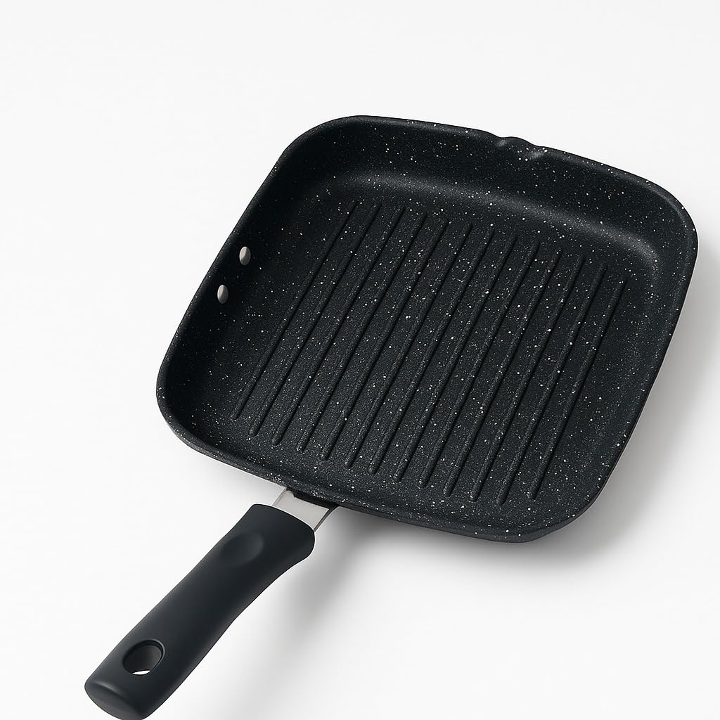 GURUBHAI EQUIPMENTS Non-Stick Aluminium Grill Pan | Square Grill Pan for Gas & Induction | Ridged Grilling Pan for Steak, Paneer Tikka, Veggies | Low Oil Cooking Cookware