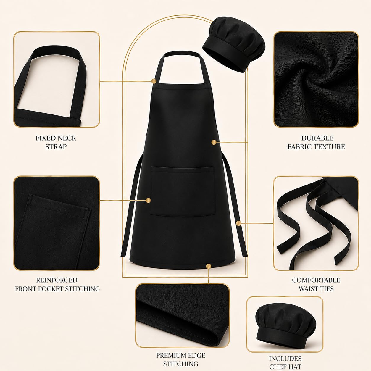 GURUBHAI EQUIPMENTS Chef Apron with Hat Set | Adjustable Kitchen Apron with Front Pocket for Men & Women | Professional Cooking Uniform for Restaurants, Cafés & Catering Use