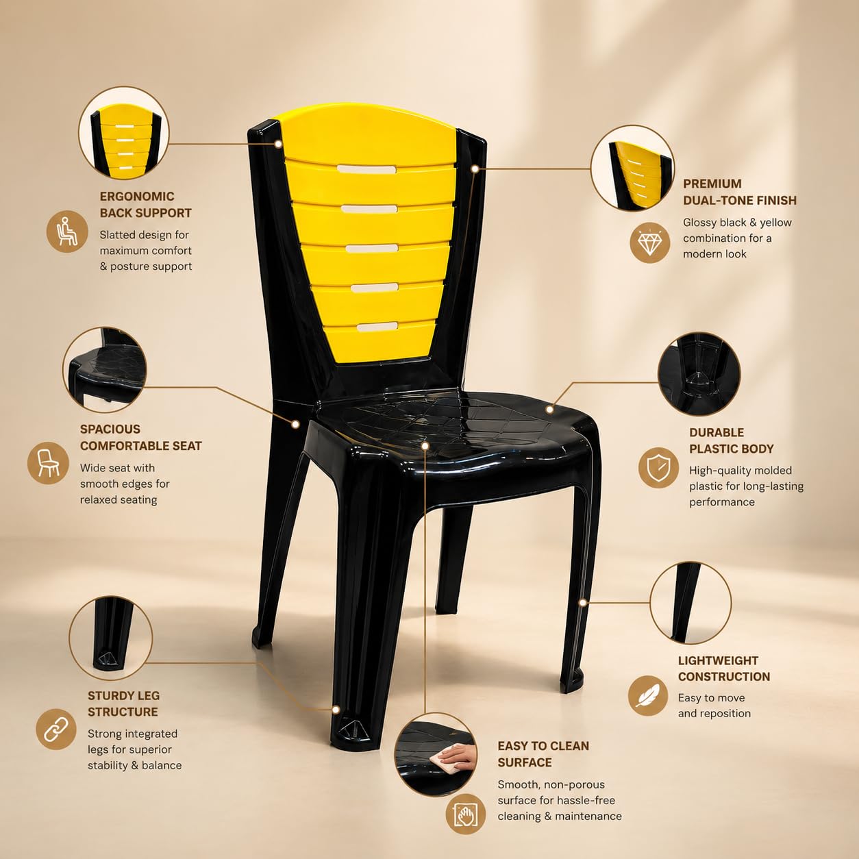 GURUBHAI EQUIPMENTS Plastic Dining Chair Restaurant Chair Cafe Chair for Home Dining Room Indoor Outdoor Seating Yellow Pack of 4