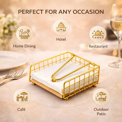 Gurubhai Equipments Metal Wire Napkin Holder with Wooden Base | Square Tabletop Tissue Paper Holder with Pressure Arm | Black Napkin Stand for Dining Table, Restaurant & Cafe
