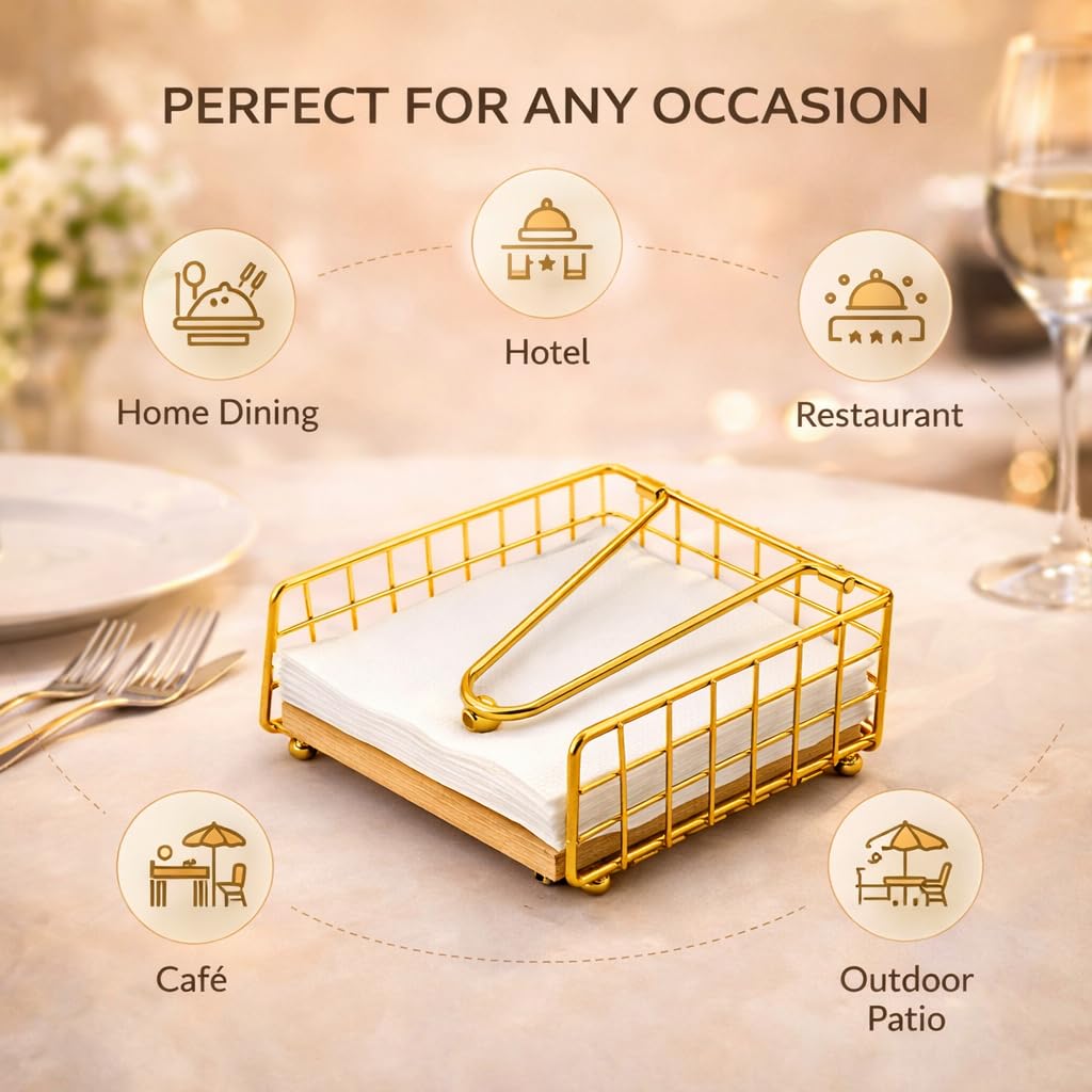 Gurubhai Equipments Gold Metal Napkin Holder with Wooden Base | Premium Tabletop Tissue Paper Holder with Pressure Arm | Luxury Napkin Stand for Dining Table, Restaurant, Cafe & Hotel (Golden)