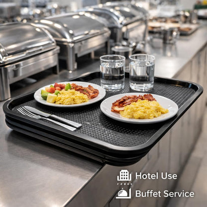 Gurubhai Equipments 31x41 cm Black Plastic Serving Tray – Set of 6 Heavy-Duty Rectangular Fast Food Trays for Restaurant, Cafeteria, Kitchen & Home Use | Easy-to-Clean, Non-Slip Food Serving Trays
