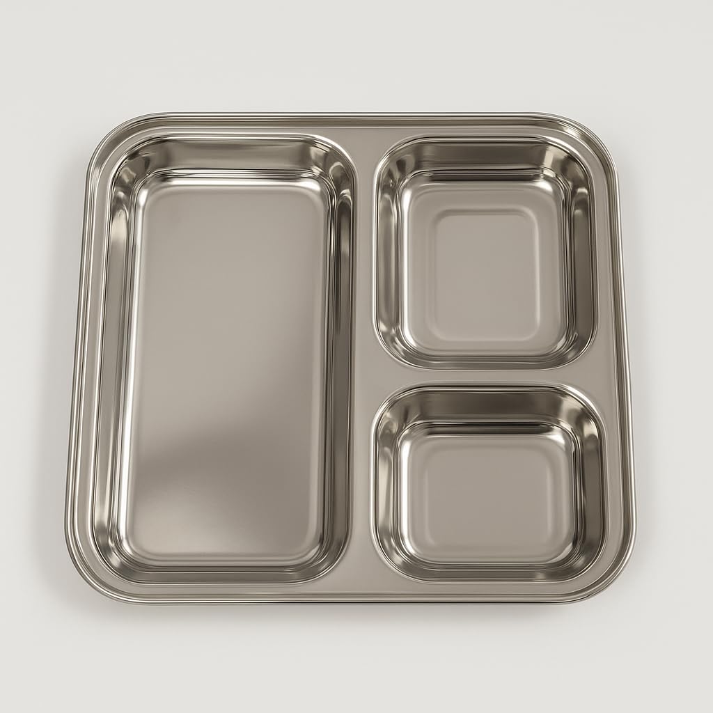 GURUBHAI EQUIPMENTS Stainless Steel Pav Bhaji Plates – Set of 6 | 3-in-1 Compartment Plate for Snacks, Chutney & Pav Bhaji | Durable, Rust-Free & Easy to Clean – Ideal for Home & Restaurant Use