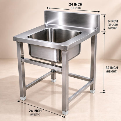 Gurubhai Equipments Stainless Steel Single Bowl Sink Unit with Backsplash | Heavy-Duty Commercial Kitchen Sink Table for Restaurants, Hotels & Catering Use