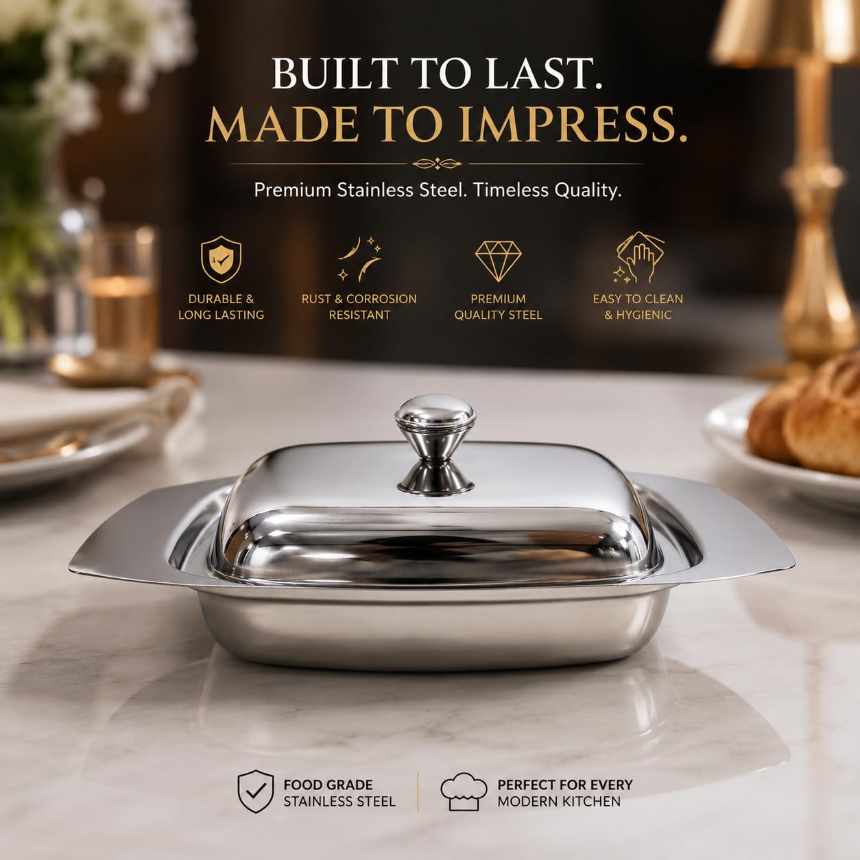 Gurubhai Equipments Stainless Steel Butter Dish with Lid – Rust-Free Butter Box for Storage & Table Serving | Elegant Serveware for Home, Café & Restaurant Use