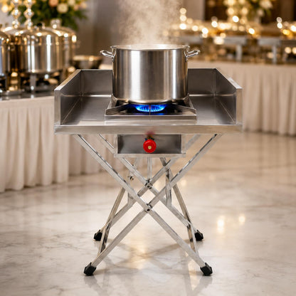 Gurubhai Equipments Stainless Steel Folding Single Burner Gas Stove – Portable Bhatti Range with Side Wall & Control Valve | Ideal for Outdoor Catering, Food Stalls & Commercial Use