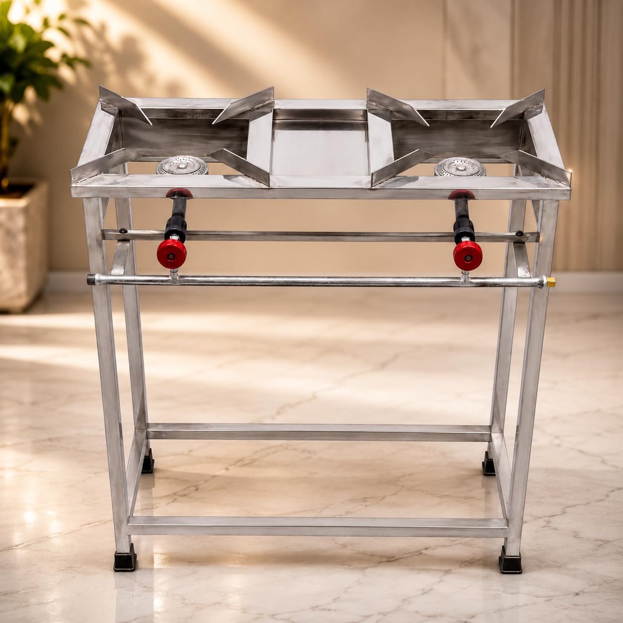 Gurubhai Equipments Stainless Steel Folding Single Burner Gas Stove – Portable Bhatti Range with Side Wall & Control Valve | Ideal for Outdoor Catering, Food Stalls & Commercial Use