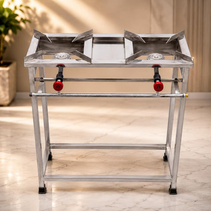 Gurubhai Equipments Stainless Steel Folding Single Burner Gas Stove – Portable Bhatti Range with Side Wall & Control Valve | Ideal for Outdoor Catering, Food Stalls & Commercial Use